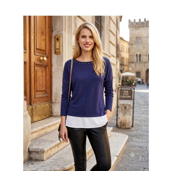 INC International Concepts Sweaters - INC International Concepts Layered Look Studded   XS Blue Faux-Layer Top NWT